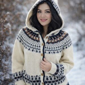 Indie Designs Jacquard Hooded Cardigan Sweater Cream Nordic Pattern Size M